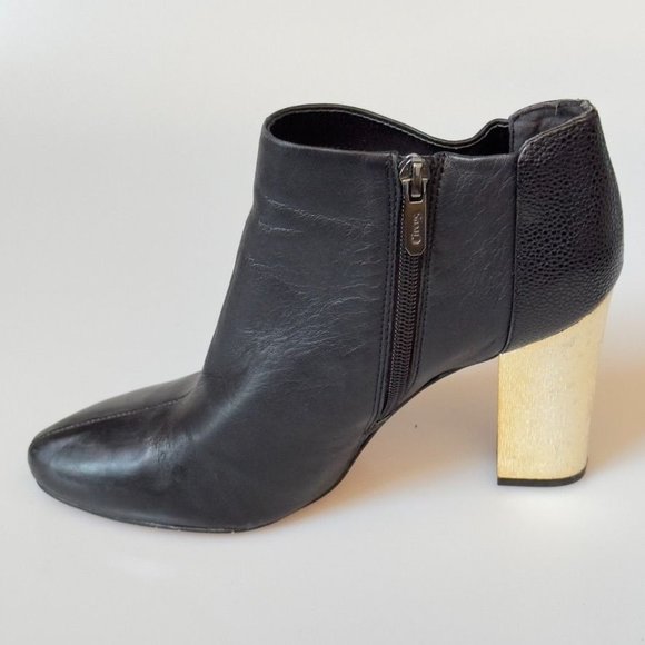 CIRCUS by Sam Edelman Shoes Black Leather Gold Block Heel Bootie Womans 8M - Picture 7 of 12